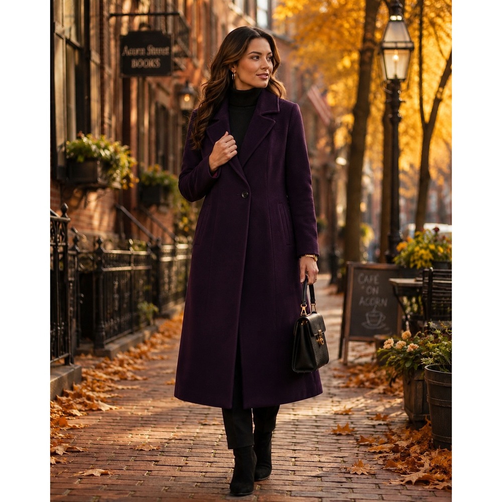Kristen Blake Women Purple 100% Virgin Wool Long Trench Coat Sz 8 Italian Fabric